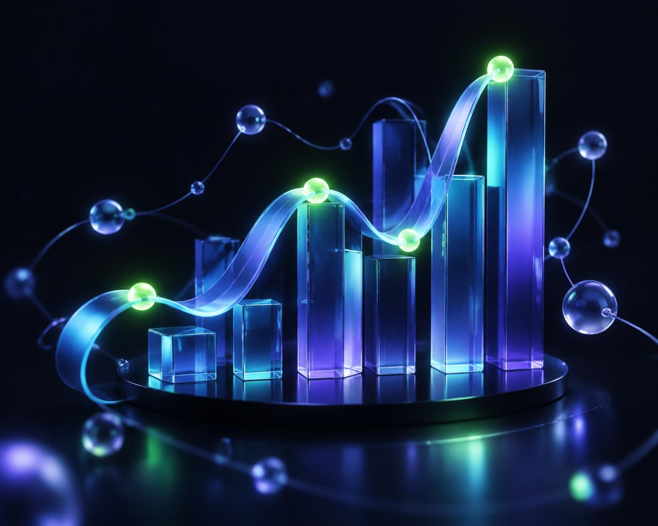 Glowing 3D bar charts and a profit line rising